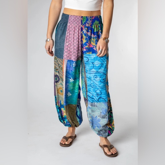 Mexicali Blues Colorful Silk Patchwork Harem Pants Size L/XL - Picture 1 of 12